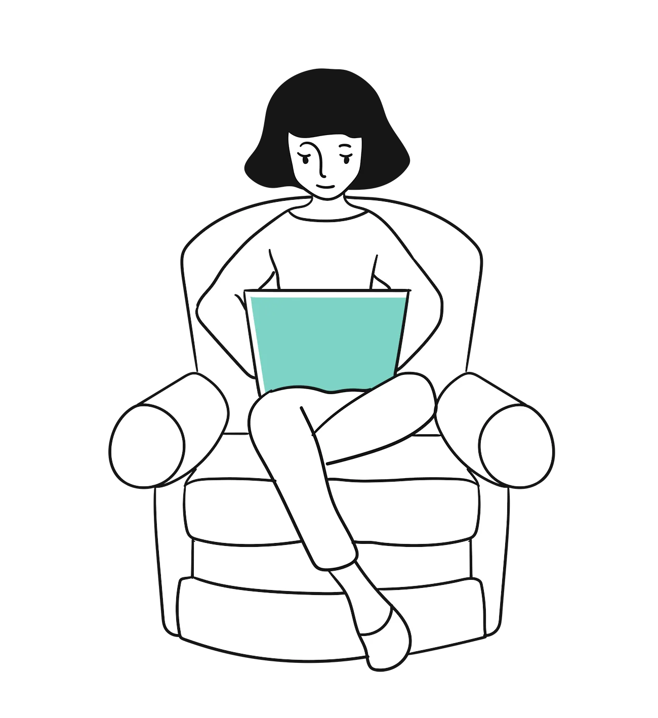 A woman sitting in a chair with a blue laptop, focused on her work.