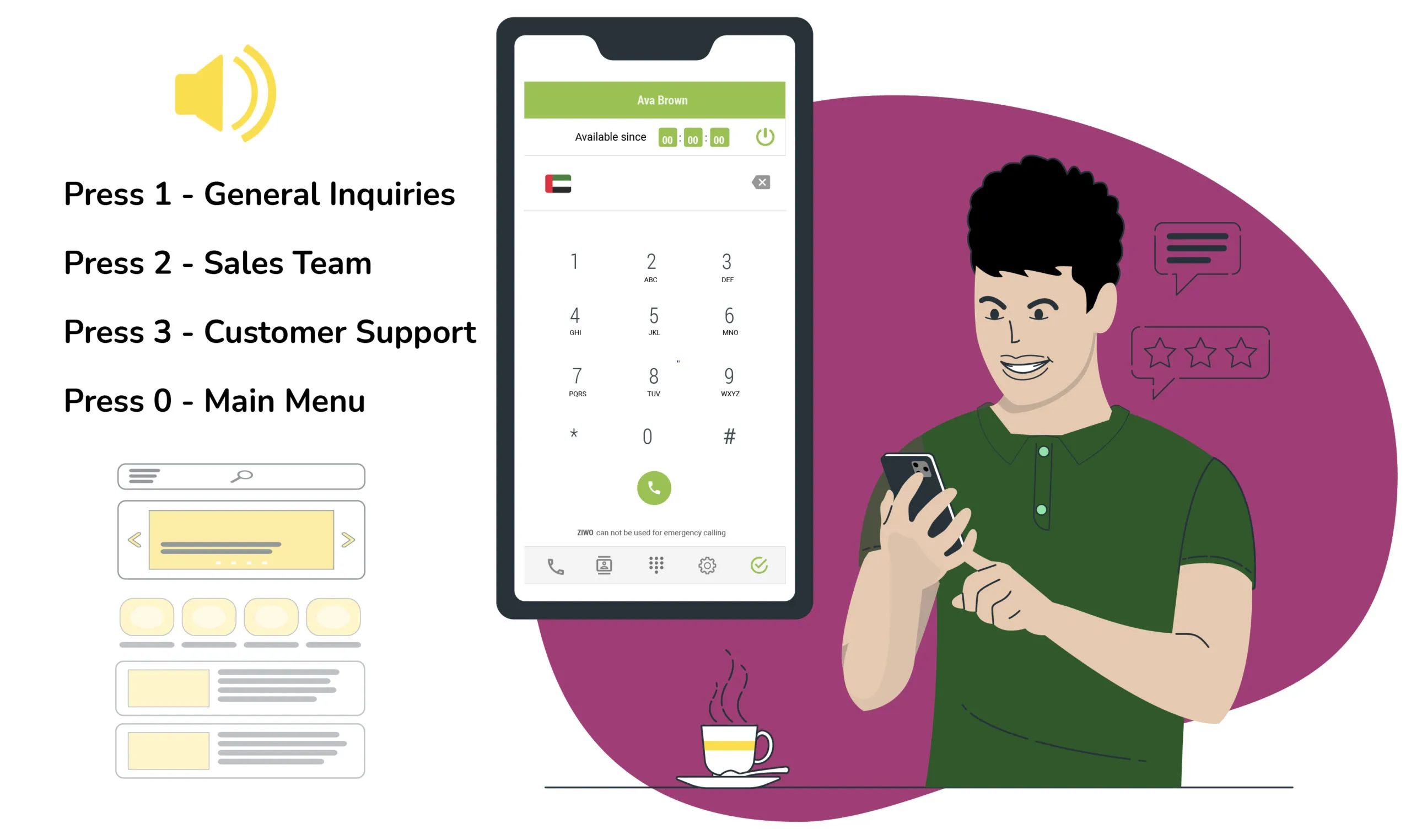 A cartoon character in green shirt dialing a number in cold calling software