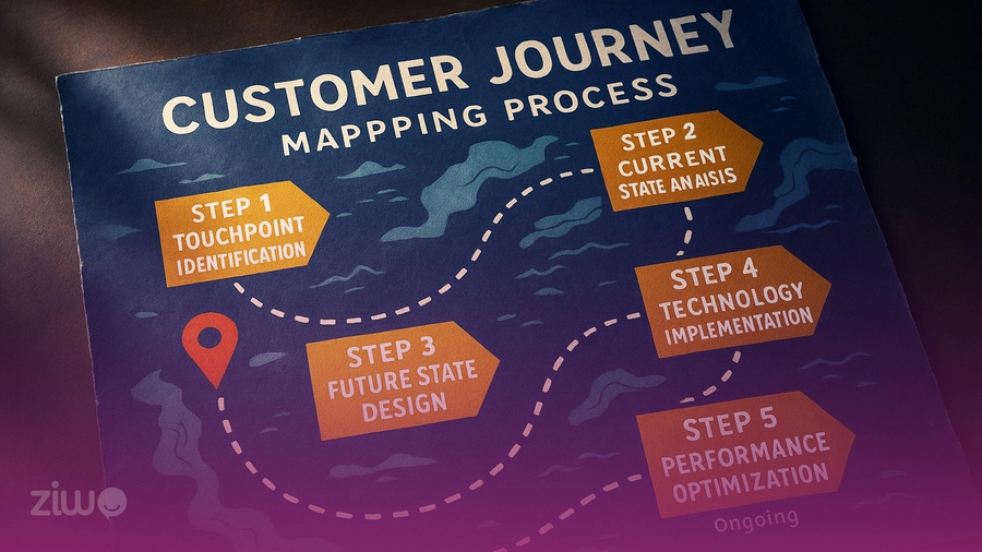 Customer journey mapping process showing five key steps from touchpoint identification to performance optimization.