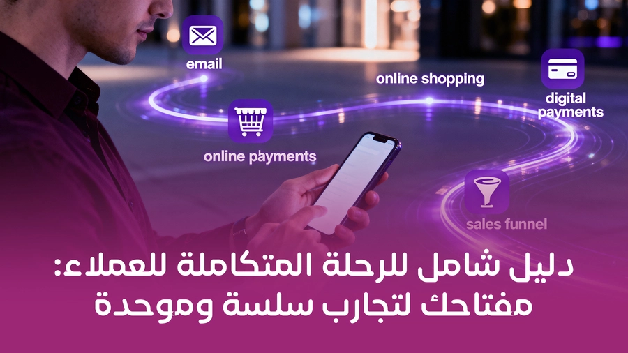 رحلة العميل متعددة القنوات توضح الترابط بين نقاط التواصل الرقمية مثل البريد الإلكتروني والتسوق والدفع الإلكتروني.