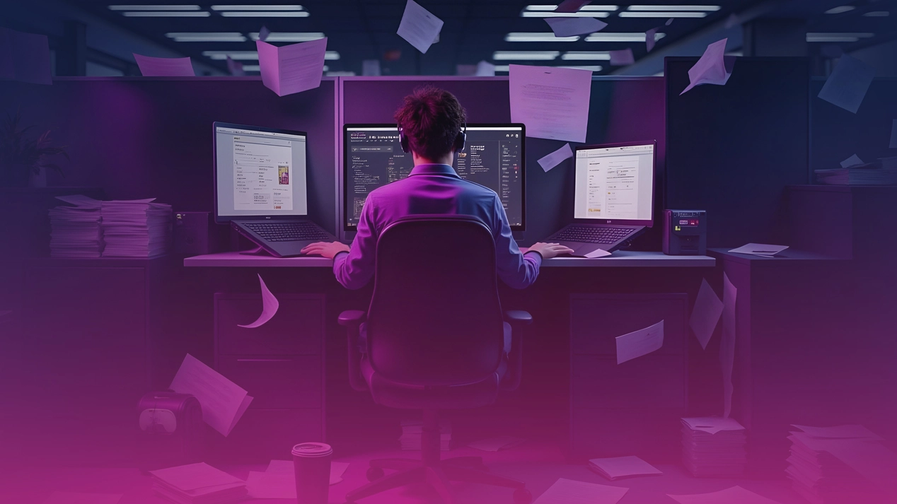 صورة لموظف مركز اتصال    مرهق تحيط به أكوام من الأوراق وأجهزة الحاسوب المحمولة