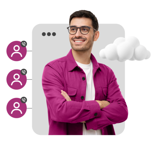 A smiling man in a purple shirt with social icons on the screen.